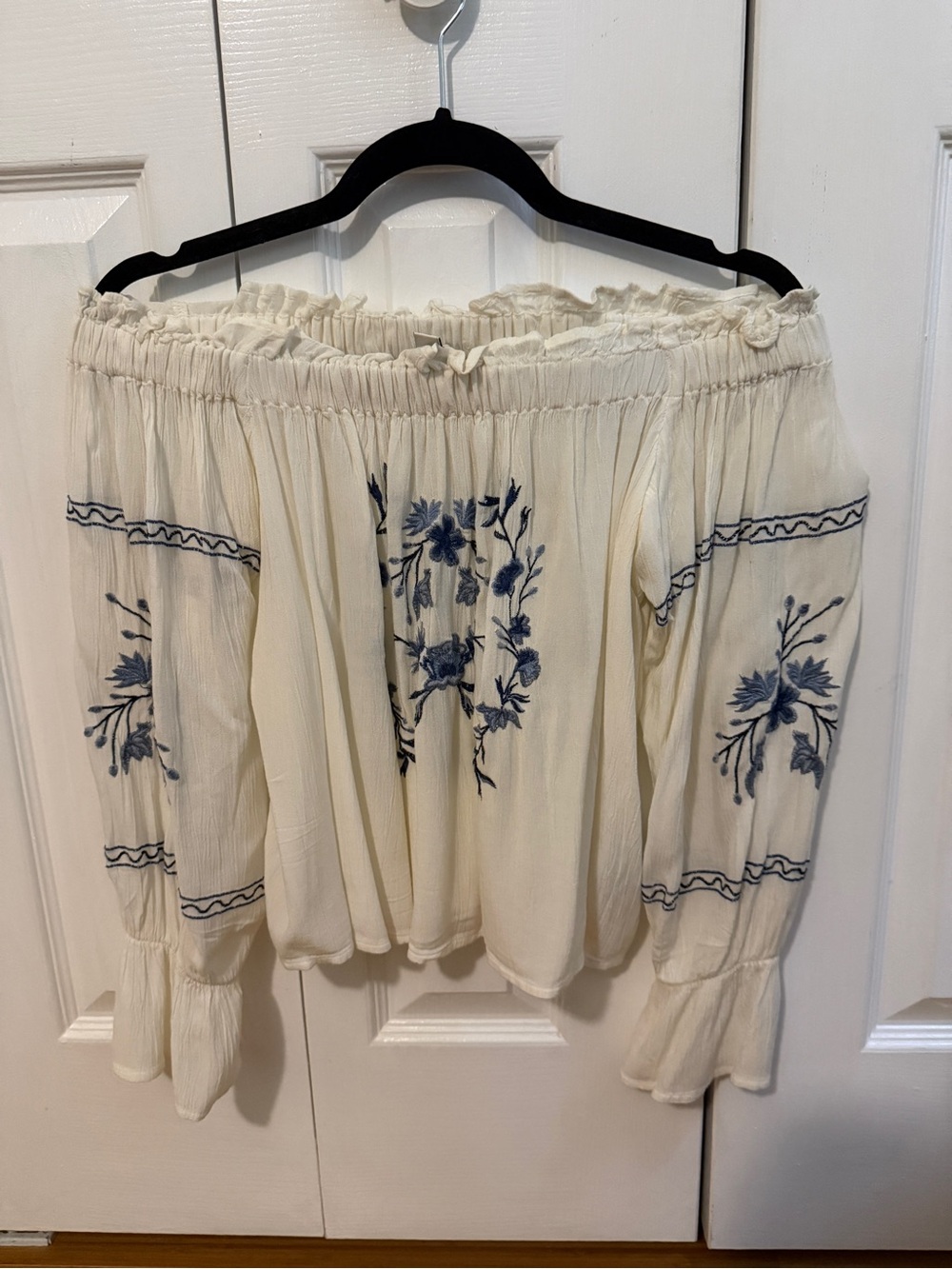 American Eagle Outfitters Cream Off-Shoulder Top with Blue Floral Embroidery